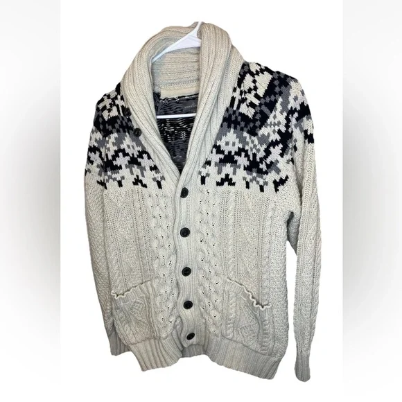 L.L. Bean Signature Fisherman Cream Black Cable Knit Cotton Sweater Sz M EUC - Picture 3 of 8